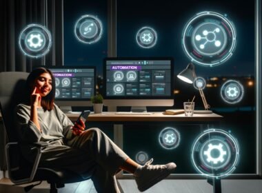 Junge Influencerin im modernen Home-Office bei Nacht, vor mehreren Monitoren mit Dashboards und Automations-Icons, Smartphone liegt daneben.