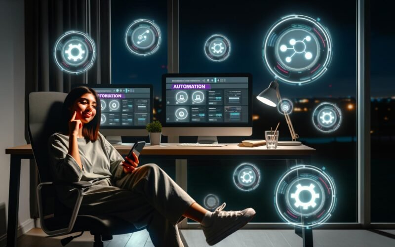 Junge Influencerin im modernen Home-Office bei Nacht, vor mehreren Monitoren mit Dashboards und Automations-Icons, Smartphone liegt daneben.