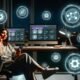 Junge Influencerin im modernen Home-Office bei Nacht, vor mehreren Monitoren mit Dashboards und Automations-Icons, Smartphone liegt daneben.