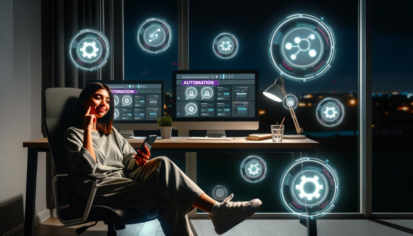 Junge Influencerin im modernen Home-Office bei Nacht, vor mehreren Monitoren mit Dashboards und Automations-Icons, Smartphone liegt daneben.