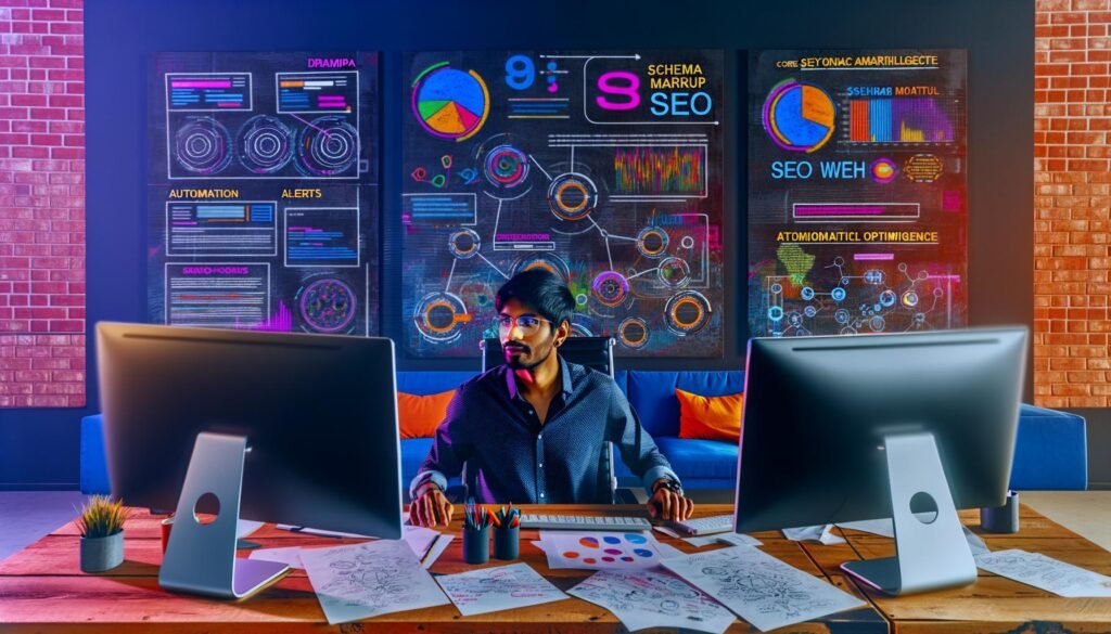 Online-Marketer in modernem Büro mit drei Bildschirmen voller SEO-Tools, lebendigem Wandbild und Notizen zu Automation, Schema Markup und KI.