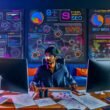 Online-Marketer in modernem Büro mit drei Bildschirmen voller SEO-Tools, lebendigem Wandbild und Notizen zu Automation, Schema Markup und KI.