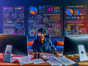 Online-Marketer in modernem Büro mit drei Bildschirmen voller SEO-Tools, lebendigem Wandbild und Notizen zu Automation, Schema Markup und KI.