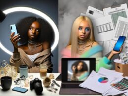Split-Screen zeigt einen Influencer zwischen luxuriöser Social-Media-Inszenierung und mühsamer Reality voller Papierkram und Stress.