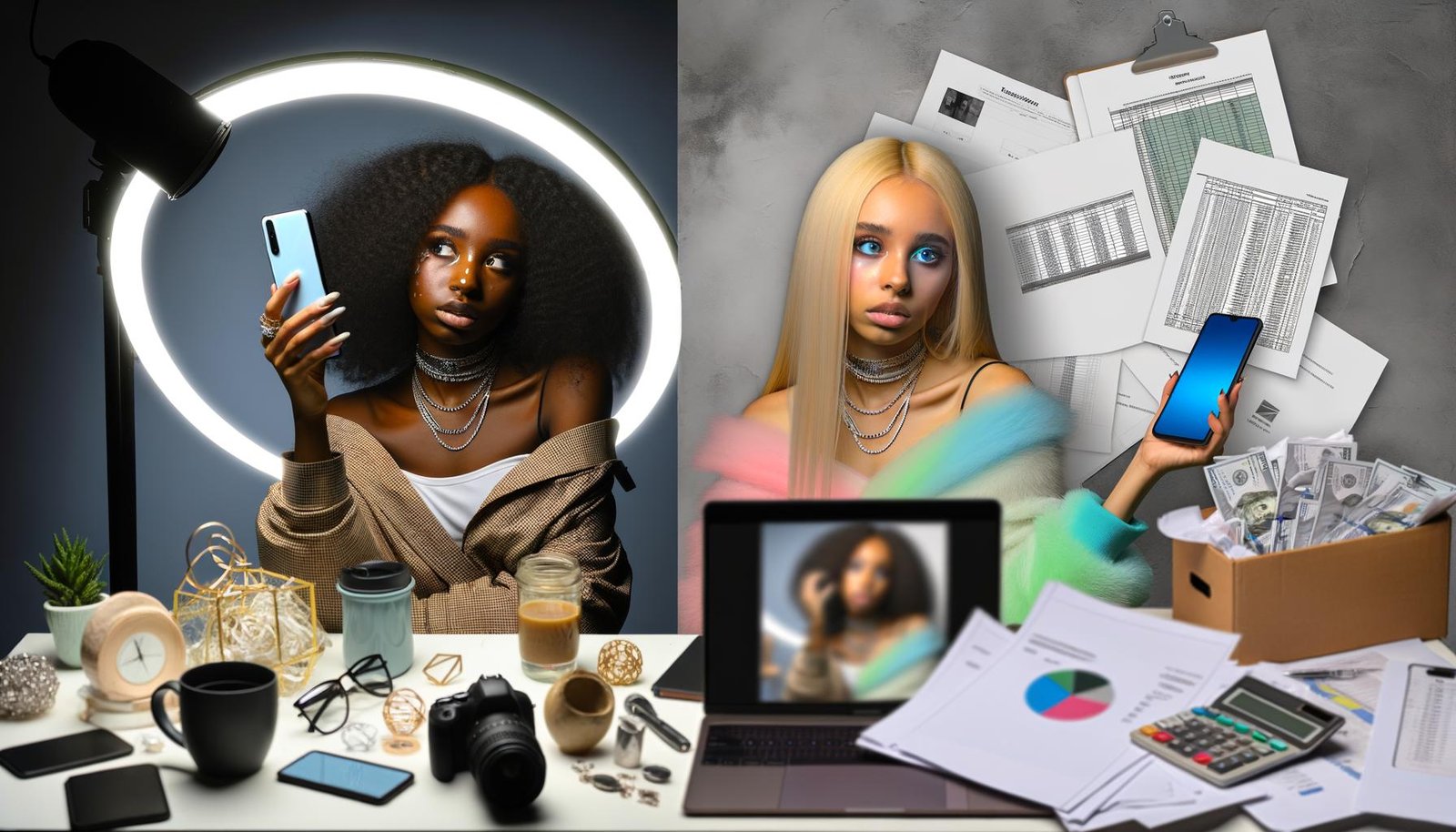 Split-Screen zeigt einen Influencer zwischen luxuriöser Social-Media-Inszenierung und mühsamer Reality voller Papierkram und Stress.