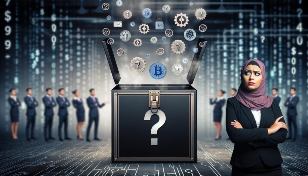 Metaphorische Blackbox in dunklem Technikraum mit digitalen Symbolen, Nebel, Fragezeichen und einer skeptischen Geschäftsperson, während Agenturmitarbeiter im Hintergrund Broschüren präsentieren.