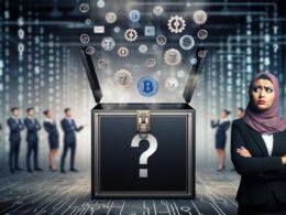 Metaphorische Blackbox in dunklem Technikraum mit digitalen Symbolen, Nebel, Fragezeichen und einer skeptischen Geschäftsperson, während Agenturmitarbeiter im Hintergrund Broschüren präsentieren.