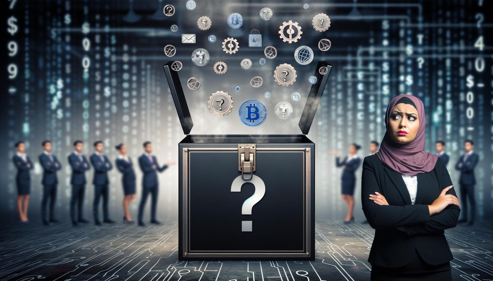 Metaphorische Blackbox in dunklem Technikraum mit digitalen Symbolen, Nebel, Fragezeichen und einer skeptischen Geschäftsperson, während Agenturmitarbeiter im Hintergrund Broschüren präsentieren.