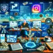 Digitale Collage eines Influencers an einem modernen Arbeitsplatz mit Bildschirmen, Kamera, Monetarisierungs-Icons und Social-Media-Dashboards im tech-lastigen, professionellen Stil.