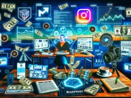Digitale Collage eines Influencers an einem modernen Arbeitsplatz mit Bildschirmen, Kamera, Monetarisierungs-Icons und Social-Media-Dashboards im tech-lastigen, professionellen Stil.