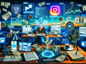 Digitale Collage eines Influencers an einem modernen Arbeitsplatz mit Bildschirmen, Kamera, Monetarisierungs-Icons und Social-Media-Dashboards im tech-lastigen, professionellen Stil.