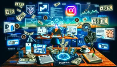 Digitale Collage eines Influencers an einem modernen Arbeitsplatz mit Bildschirmen, Kamera, Monetarisierungs-Icons und Social-Media-Dashboards im tech-lastigen, professionellen Stil.