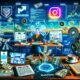 Digitale Collage eines Influencers an einem modernen Arbeitsplatz mit Bildschirmen, Kamera, Monetarisierungs-Icons und Social-Media-Dashboards im tech-lastigen, professionellen Stil.