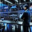 Modernes Büro mit zwei Business-Profis, die professionelle Data Dashboards mit Line-Chart, Balkendiagramm, KPI Cards und Heatmap auf mehreren Monitoren betrachten.
