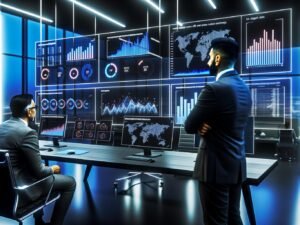 Modernes Büro mit zwei Business-Profis, die professionelle Data Dashboards mit Line-Chart, Balkendiagramm, KPI Cards und Heatmap auf mehreren Monitoren betrachten.