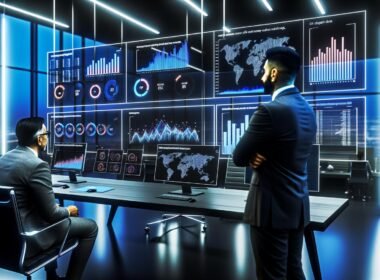 Modernes Büro mit zwei Business-Profis, die professionelle Data Dashboards mit Line-Chart, Balkendiagramm, KPI Cards und Heatmap auf mehreren Monitoren betrachten.