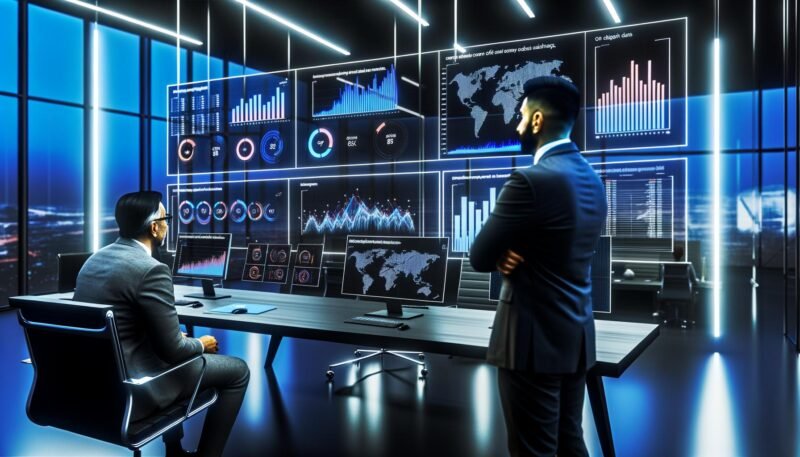 Modernes Büro mit zwei Business-Profis, die professionelle Data Dashboards mit Line-Chart, Balkendiagramm, KPI Cards und Heatmap auf mehreren Monitoren betrachten.