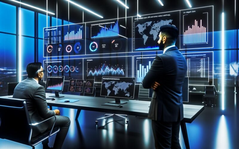 Modernes Büro mit zwei Business-Profis, die professionelle Data Dashboards mit Line-Chart, Balkendiagramm, KPI Cards und Heatmap auf mehreren Monitoren betrachten.