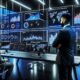 Modernes Büro mit zwei Business-Profis, die professionelle Data Dashboards mit Line-Chart, Balkendiagramm, KPI Cards und Heatmap auf mehreren Monitoren betrachten.