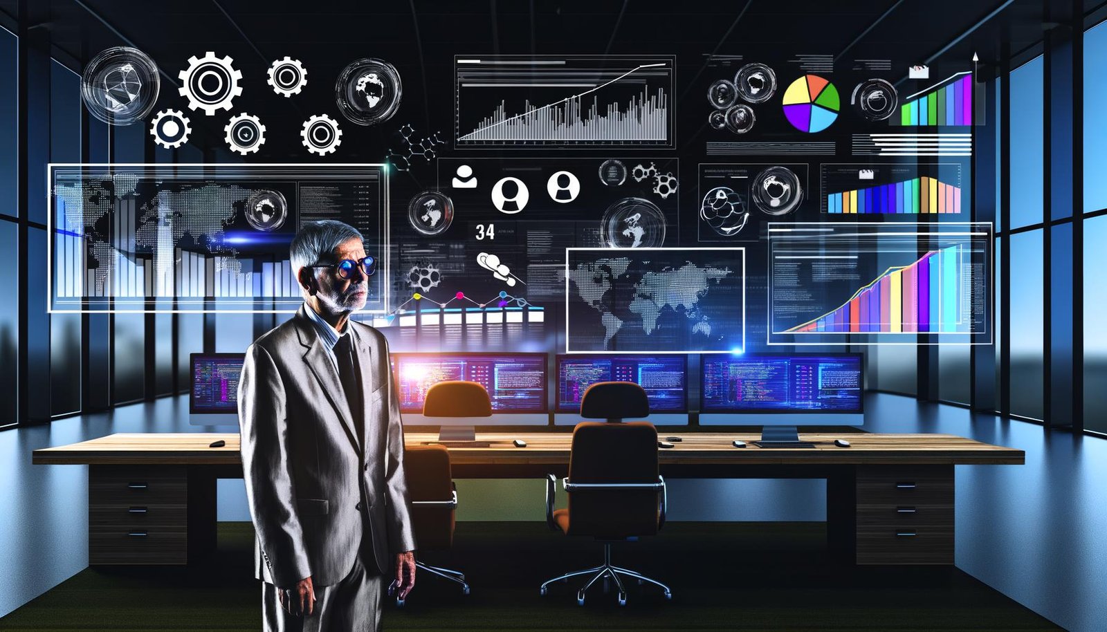 Erfahrene Person analysiert entschlossen digitale SEO-Reports in einer modernen Redaktion mit sichtbaren technischen Diagrammen, Rankings, Keywords und Infrastruktur-Symbolen.