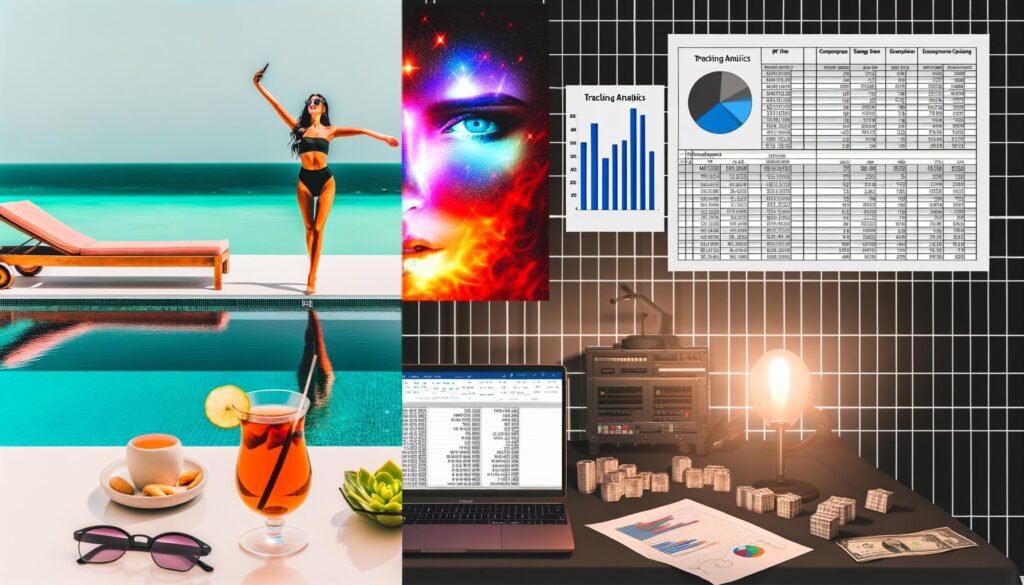 Kontrastierende Bildcollage mit glamourösen Influencer-Elementen und einem düsteren Maschinenraum aus Analytics- und Finanzdokumenten