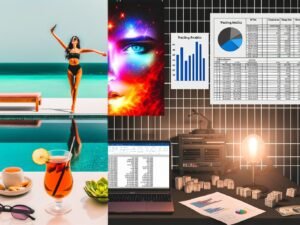 Kontrastierende Bildcollage mit glamourösen Influencer-Elementen und einem düsteren Maschinenraum aus Analytics- und Finanzdokumenten