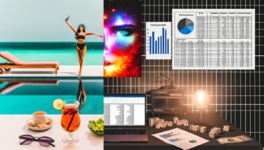 Kontrastierende Bildcollage mit glamourösen Influencer-Elementen und einem düsteren Maschinenraum aus Analytics- und Finanzdokumenten
