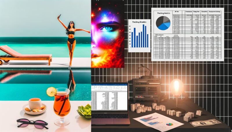 Kontrastierende Bildcollage mit glamourösen Influencer-Elementen und einem düsteren Maschinenraum aus Analytics- und Finanzdokumenten