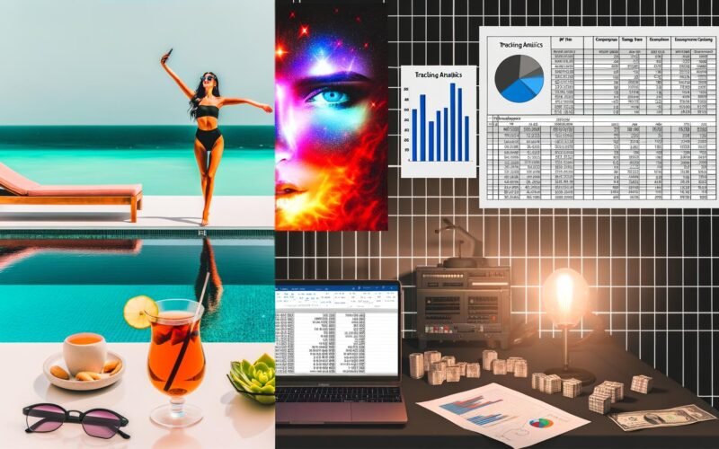 Kontrastierende Bildcollage mit glamourösen Influencer-Elementen und einem düsteren Maschinenraum aus Analytics- und Finanzdokumenten