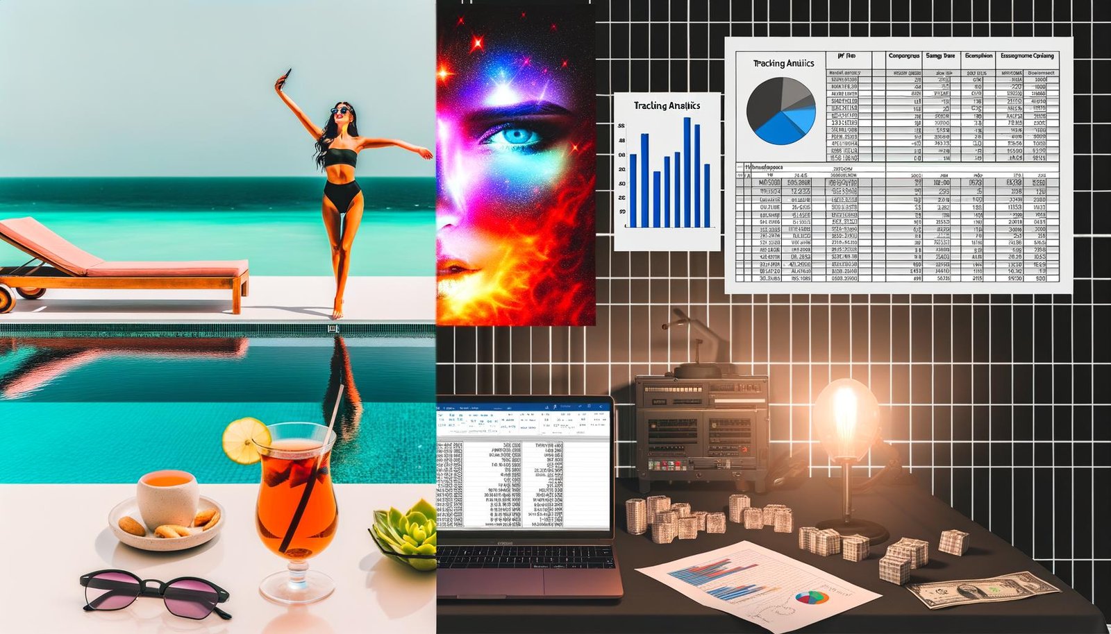 Kontrastierende Bildcollage mit glamourösen Influencer-Elementen und einem düsteren Maschinenraum aus Analytics- und Finanzdokumenten