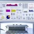 Modernes Daten-Dashboard mit bunten Diagrammen, Drilldown-Filtern und Sicherheitssymbolen in einem minimalistischen Büro.