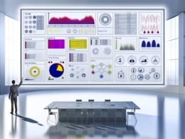 Modernes Daten-Dashboard mit bunten Diagrammen, Drilldown-Filtern und Sicherheitssymbolen in einem minimalistischen Büro.