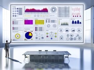 Modernes Daten-Dashboard mit bunten Diagrammen, Drilldown-Filtern und Sicherheitssymbolen in einem minimalistischen Büro.