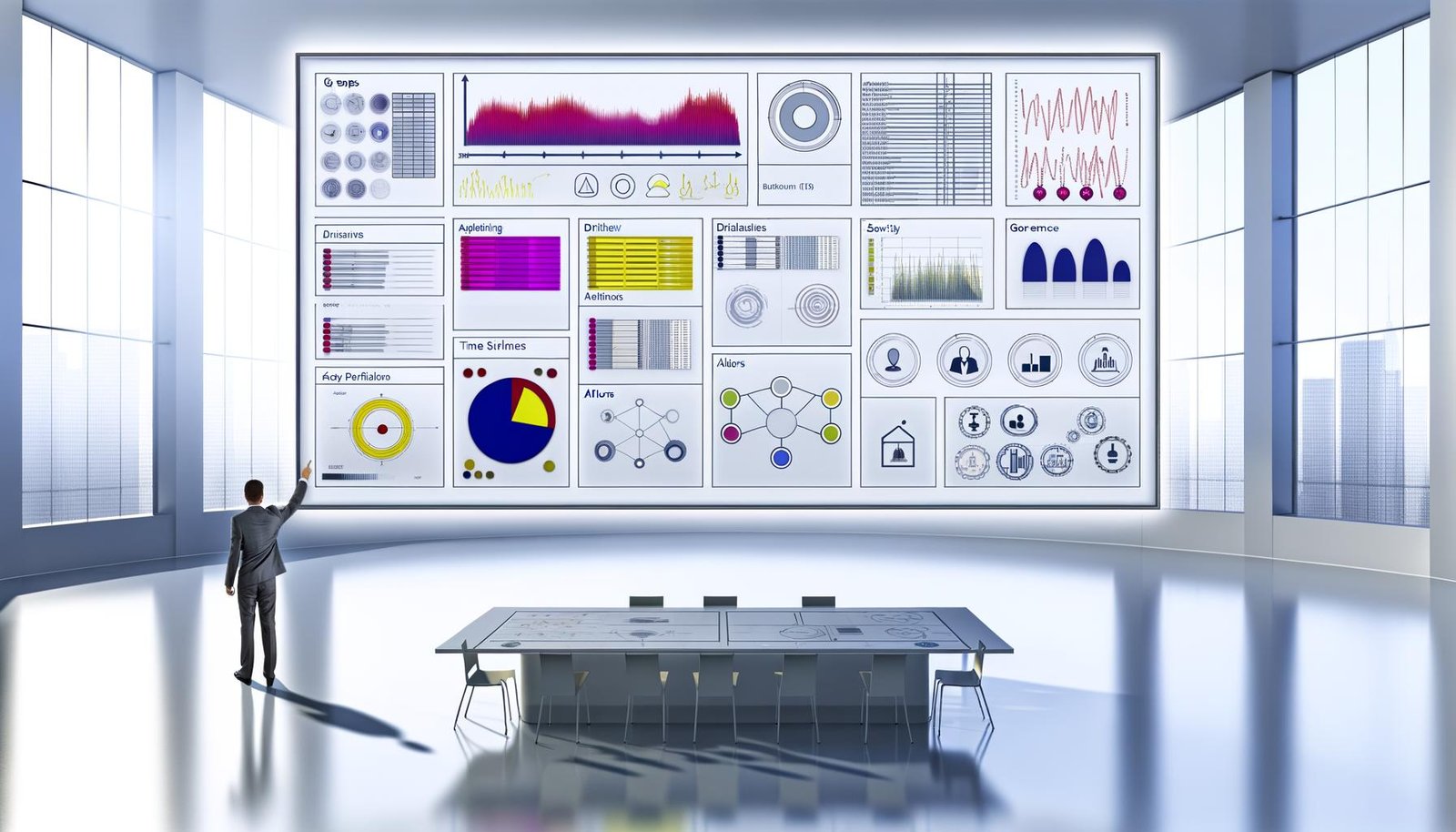 Modernes Daten-Dashboard mit bunten Diagrammen, Drilldown-Filtern und Sicherheitssymbolen in einem minimalistischen Büro.