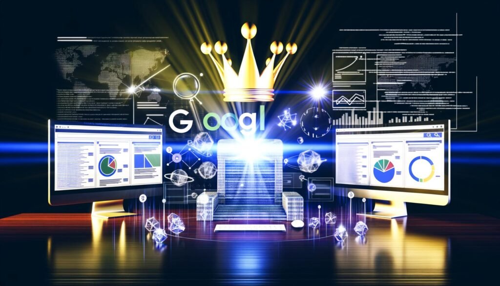 Dramatisch beleuchteter Schreibtisch mit Bildschirmen voller SEO-Analysen, Rankings, Codezeilen und einer stilisierten Google-Krone im modernen Hightech-Stil