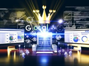 Dramatisch beleuchteter Schreibtisch mit Bildschirmen voller SEO-Analysen, Rankings, Codezeilen und einer stilisierten Google-Krone im modernen Hightech-Stil