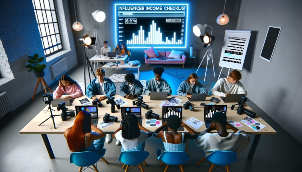 Junge Influencer rund um einen Tisch, arbeiten an Laptops und Smartphones mit sichtbaren Analyse-Statistiken und Einnahmeübersichten in einem urbanen Workspace