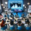 Junge Influencer rund um einen Tisch, arbeiten an Laptops und Smartphones mit sichtbaren Analyse-Statistiken und Einnahmeübersichten in einem urbanen Workspace