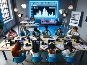 Junge Influencer rund um einen Tisch, arbeiten an Laptops und Smartphones mit sichtbaren Analyse-Statistiken und Einnahmeübersichten in einem urbanen Workspace