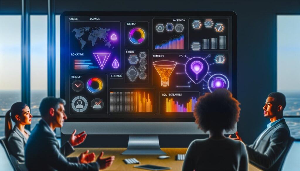 Modernes Büro mit großem Monitor zeigt ein komplexes Data Dashboard im Dunkelmodus mit verschiedenen Diagrammtypen; drei diverse Online-Marketing-Profis analysieren Daten und sind umgeben von digitalen Icons zahlreicher Datenquellen wie Google Analytics, Facebook, Power BI, Tableau, Looker und SQL.