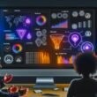 Modernes Büro mit großem Monitor zeigt ein komplexes Data Dashboard im Dunkelmodus mit verschiedenen Diagrammtypen; drei diverse Online-Marketing-Profis analysieren Daten und sind umgeben von digitalen Icons zahlreicher Datenquellen wie Google Analytics, Facebook, Power BI, Tableau, Looker und SQL.