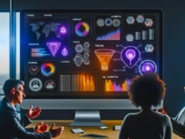 Modernes Büro mit großem Monitor zeigt ein komplexes Data Dashboard im Dunkelmodus mit verschiedenen Diagrammtypen; drei diverse Online-Marketing-Profis analysieren Daten und sind umgeben von digitalen Icons zahlreicher Datenquellen wie Google Analytics, Facebook, Power BI, Tableau, Looker und SQL.