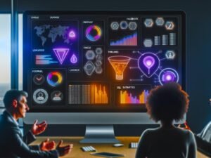 Modernes Büro mit großem Monitor zeigt ein komplexes Data Dashboard im Dunkelmodus mit verschiedenen Diagrammtypen; drei diverse Online-Marketing-Profis analysieren Daten und sind umgeben von digitalen Icons zahlreicher Datenquellen wie Google Analytics, Facebook, Power BI, Tableau, Looker und SQL.