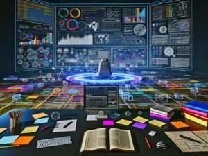 Digitaler Arbeitsplatz mit riesigem Bildschirm, der SEO-Analysen, Diagramme und Grafiken anzeigt. Umgeben von Notizzetteln, SEO-Büchern und digitalen Geräten. Technische Charts und SEO-Symbole dominieren die Szene.
