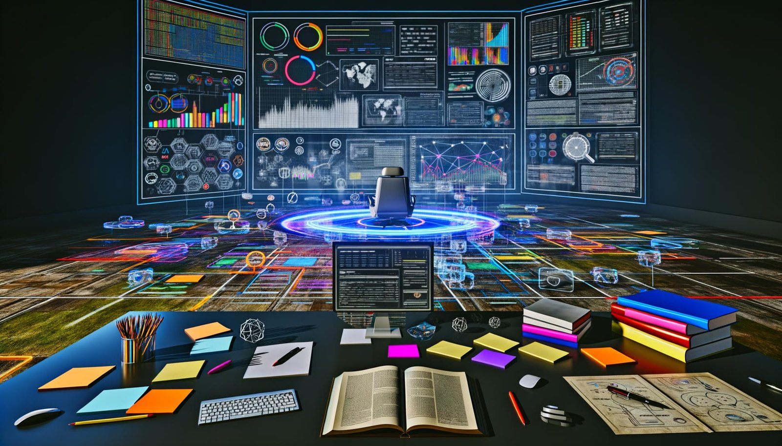 Digitaler Arbeitsplatz mit riesigem Bildschirm, der SEO-Analysen, Diagramme und Grafiken anzeigt. Umgeben von Notizzetteln, SEO-Büchern und digitalen Geräten. Technische Charts und SEO-Symbole dominieren die Szene.