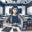 Moderner Influencer vor digitalen Bildschirmen mit Daten und Analysen in einem urbanen Loft, umgeben von Smartphone, Laptop und Latte Macchiato.