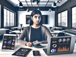 Moderner Influencer vor digitalen Bildschirmen mit Daten und Analysen in einem urbanen Loft, umgeben von Smartphone, Laptop und Latte Macchiato.