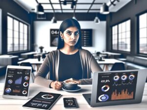 Moderner Influencer vor digitalen Bildschirmen mit Daten und Analysen in einem urbanen Loft, umgeben von Smartphone, Laptop und Latte Macchiato.
