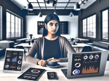 Moderner Influencer vor digitalen Bildschirmen mit Daten und Analysen in einem urbanen Loft, umgeben von Smartphone, Laptop und Latte Macchiato.