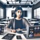 Moderner Influencer vor digitalen Bildschirmen mit Daten und Analysen in einem urbanen Loft, umgeben von Smartphone, Laptop und Latte Macchiato.